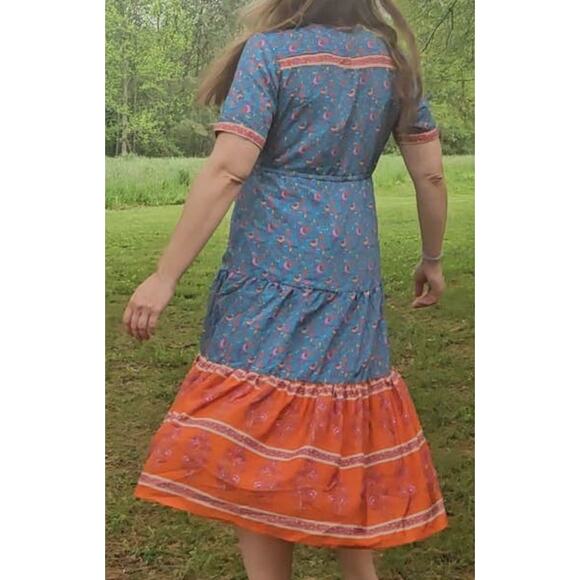 Button up lightweight tiered midi cover up dress colorblock floral multicolor - Picture 4 of 16